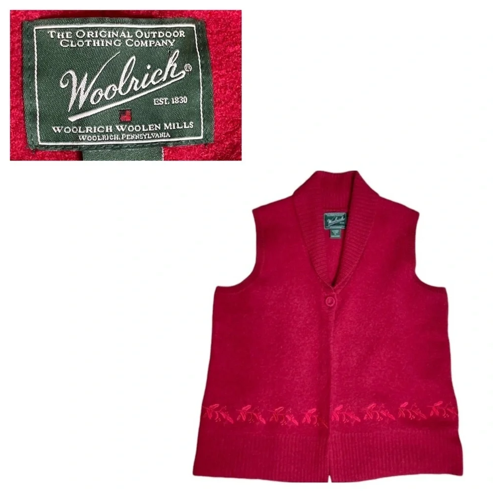 Vintage Woolrich Festive Red Holiday Embroidered 100% Wool Sweater Vest Size XL
